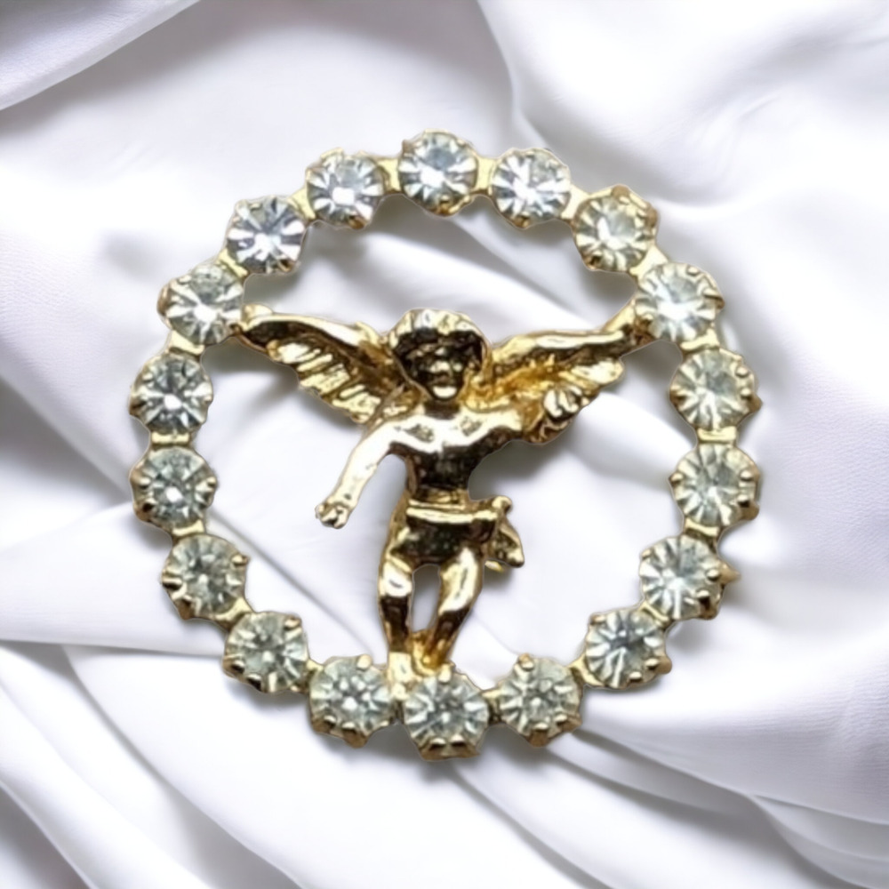 Angel Cherub Hat Lapel Pin Brooch Gold Tone Surrounded By Clear Rhinestones